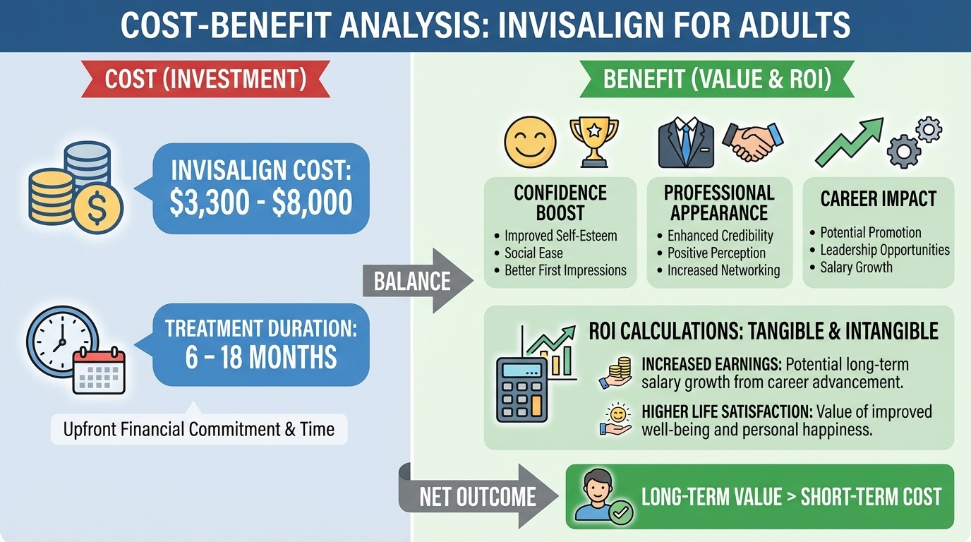 Infographic analyzing Invisalign cost versus benefits and return on investment for professional adults