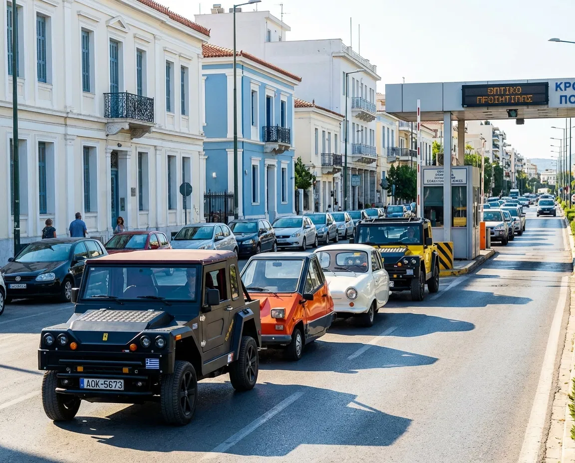 Line of cars on a Greek road representing vehicle circulation and road tax obligations.