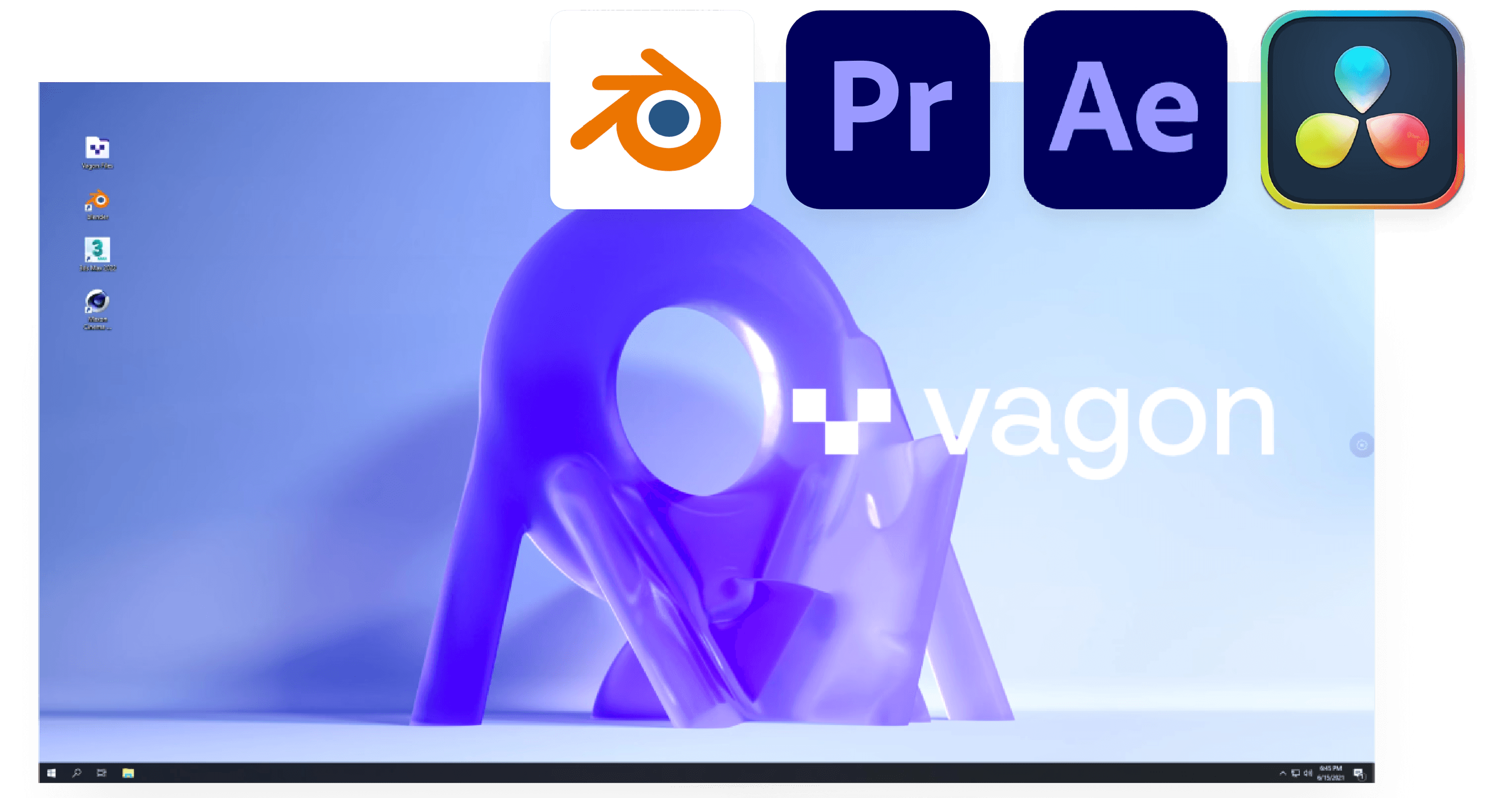 A screenshot showing the Vagon cloud workstation interface, with icons for Blender, Premiere Pro, After Effects, and DaVinci Resolve on a light blue background featuring a 3D model.