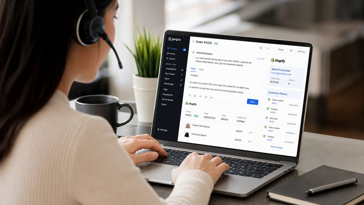 A customer support agent working on a laptop using Gorgias helpdesk software to manage client orders and tickets.