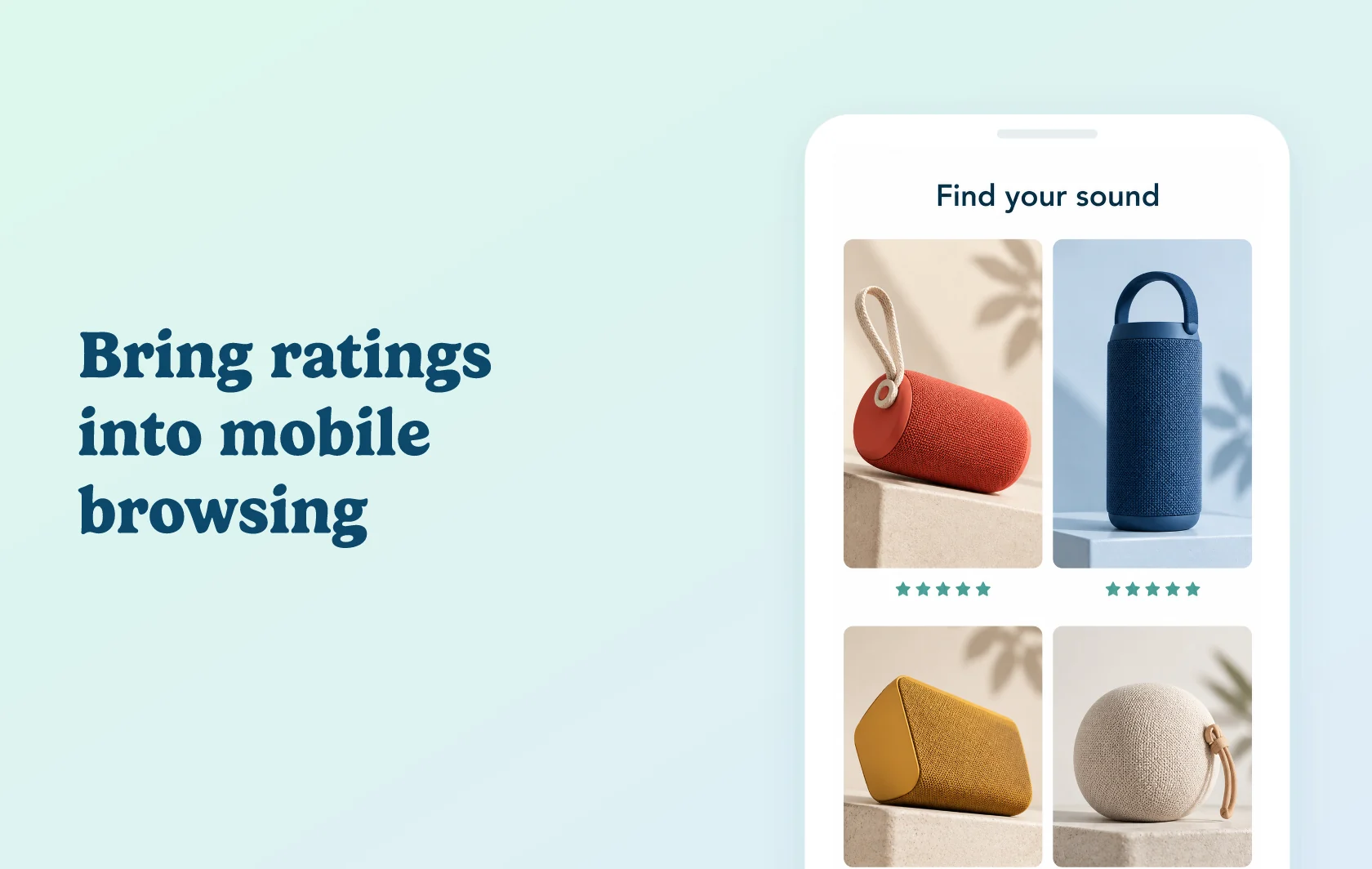 Judge.me and OneMobile integration: illustration of a mobile product grid with portable speakers and star ratings below each product.