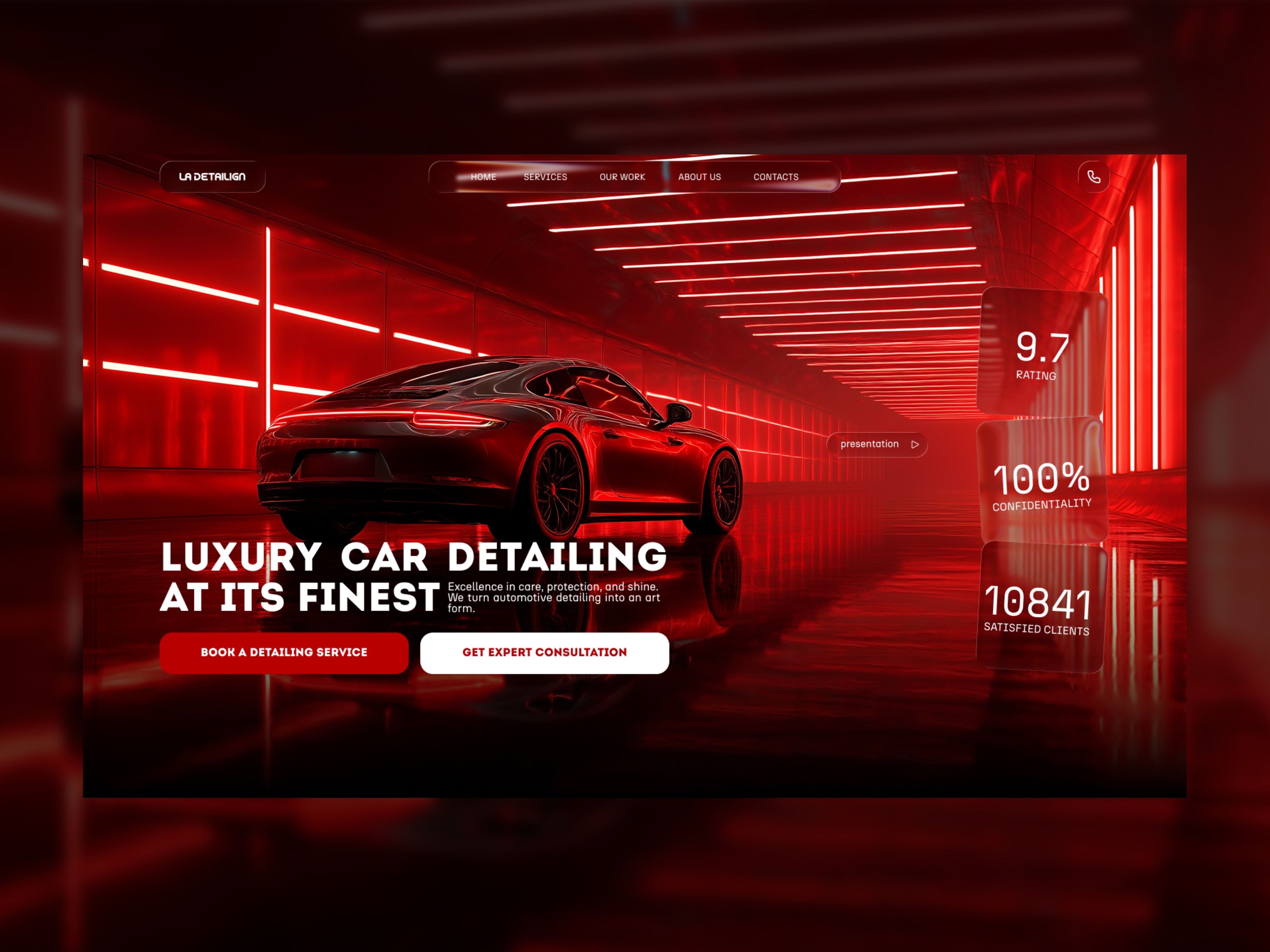 Luxury car detailing website with a black sports car in a red lit tunnel. Book a detailing service.