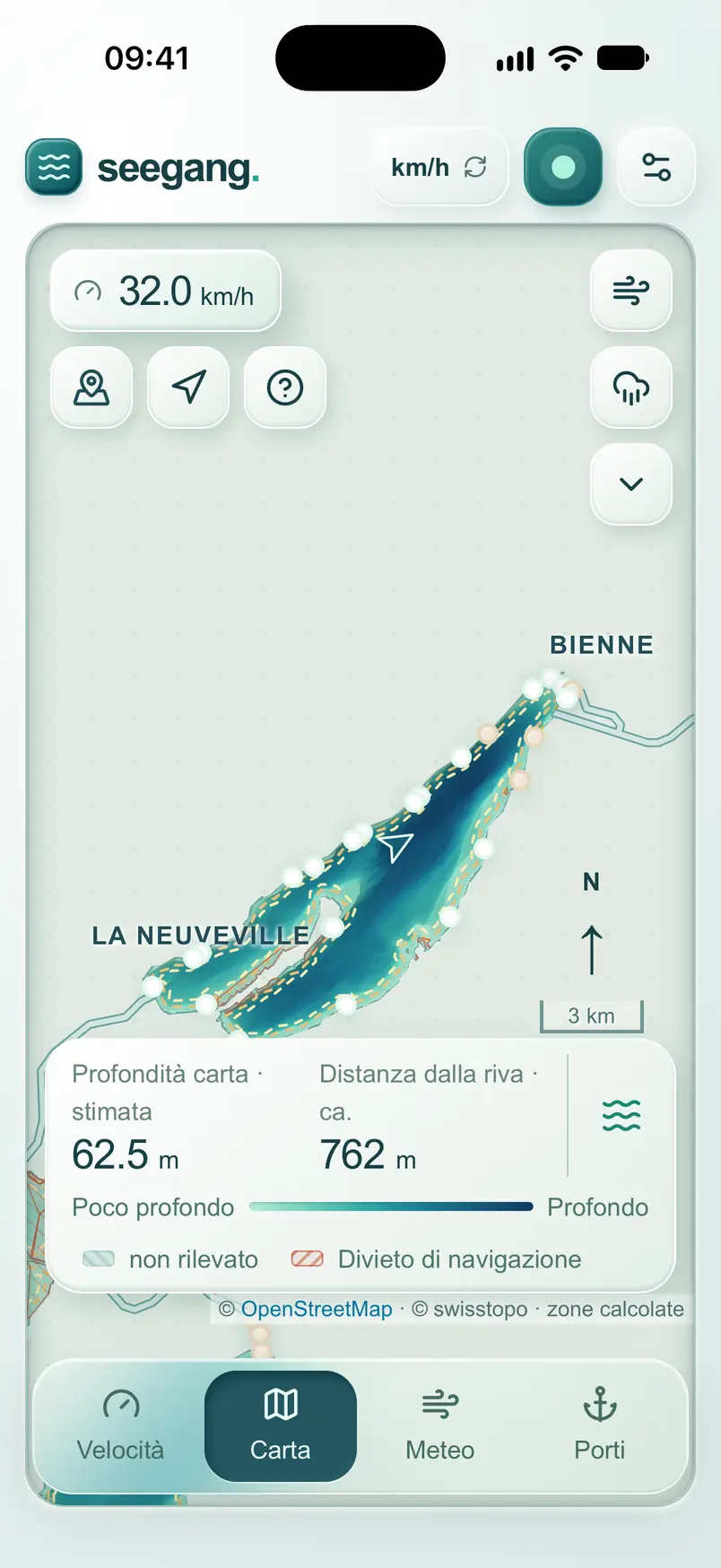 Carta di seegang sull’iPhone in verticale, con rilievo dei fondali e zone rivierasche