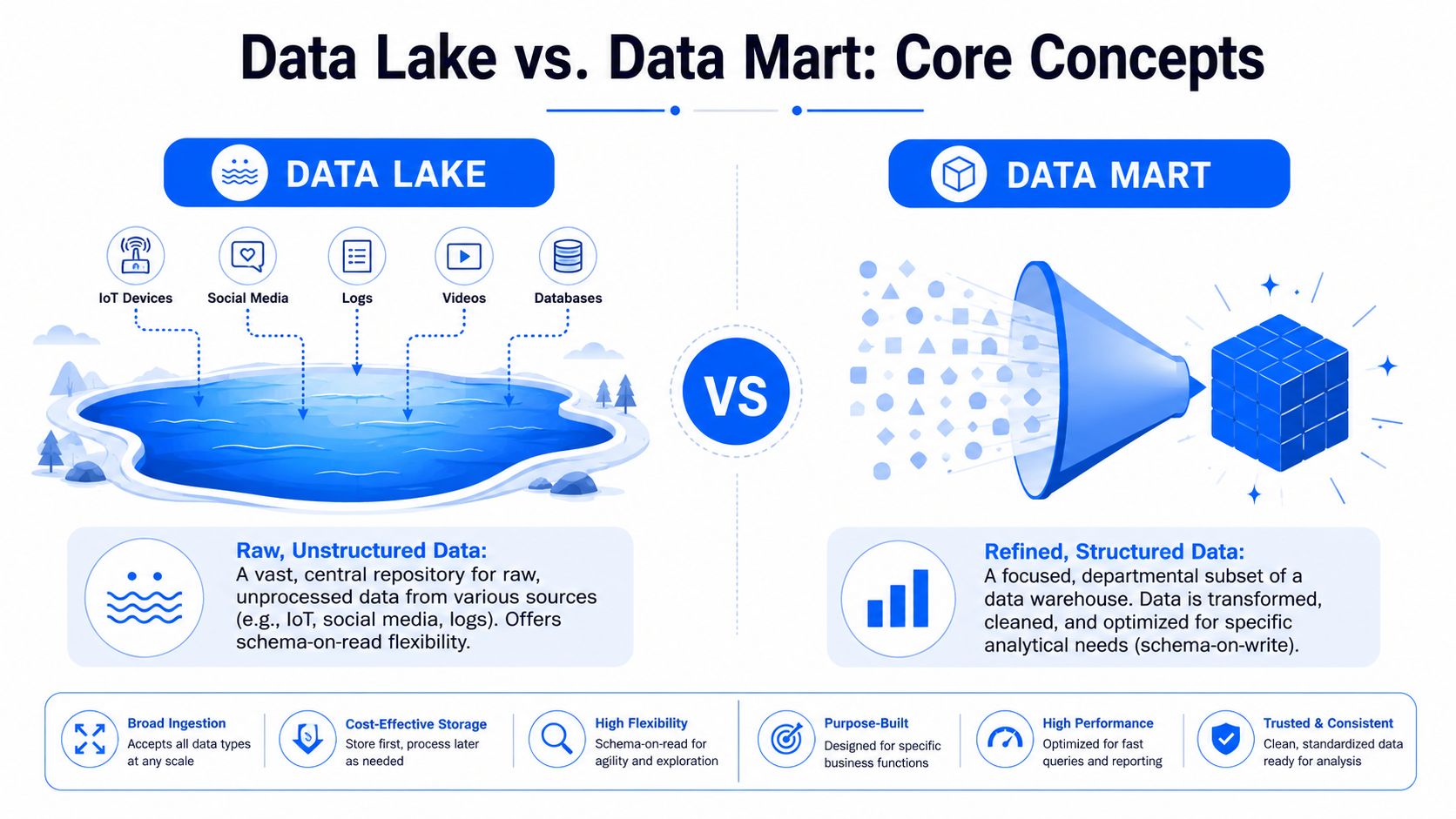 An infographic comparing a data lake for raw, unstructured data versus a data mart for structured, refined data.