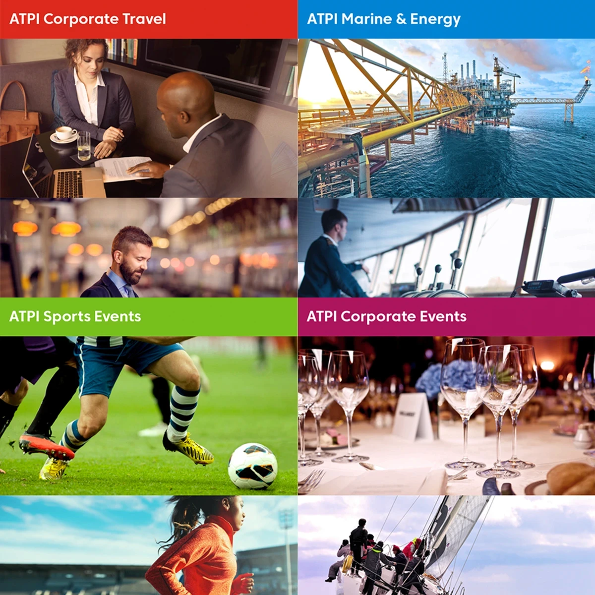 4 headings in text with 4 stock images related to that topic. Text reads 'ATPI Corporate Travel ATPI Marine & Energy ATPI Sports Events ATPI Corporate Events'