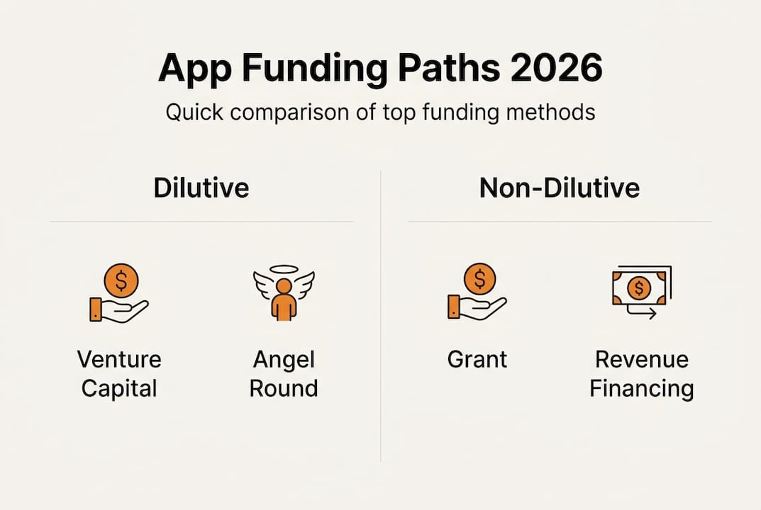 Infographic summarizing app funding options 2026