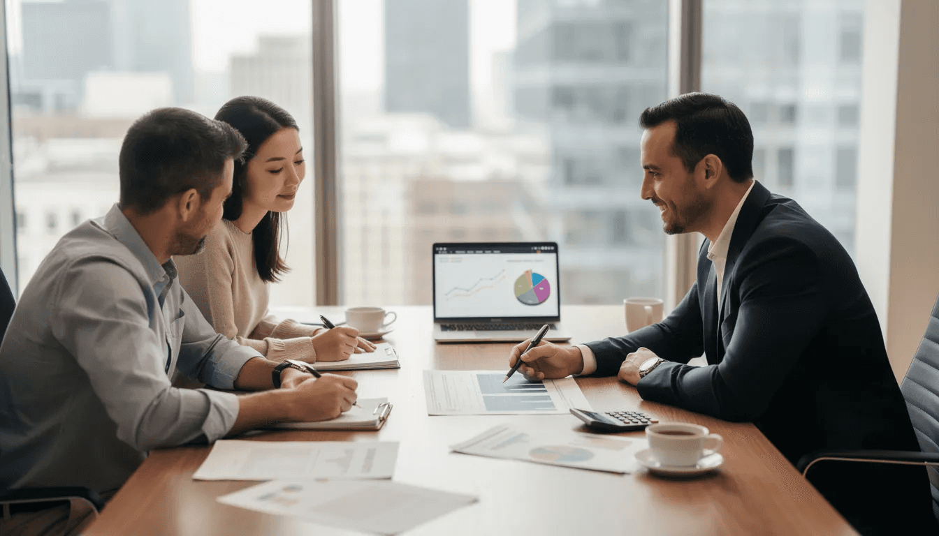 A financial advisor is sitting at a desk in an office, discussing investment strategies with a couple. They are reviewing various tax advantaged accounts, including retirement plans and health savings accounts, to help the couple maximize tax savings and reduce their taxable income.