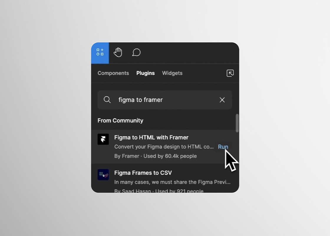 A screenshot from the Figma UI showing the Framer plugin