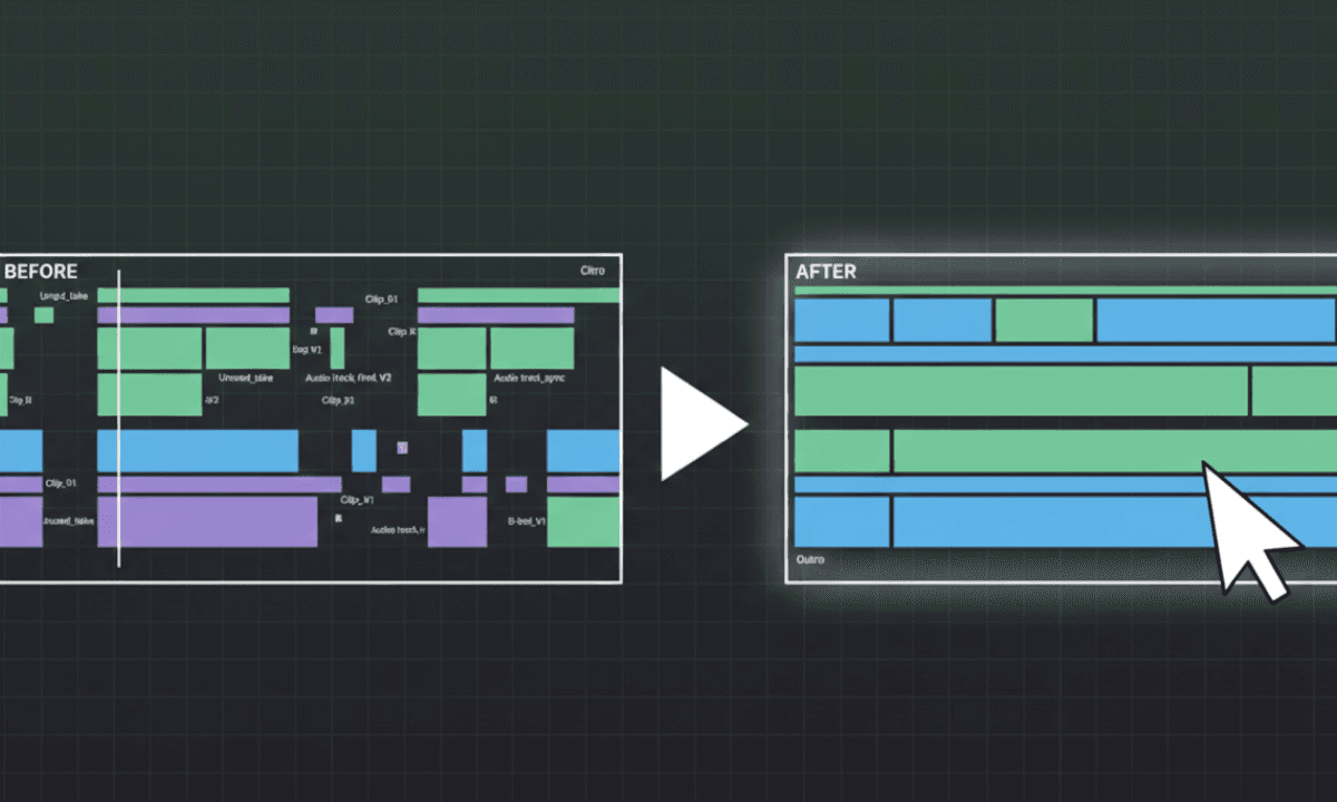 Before-and-after video editing timeline showing a messy sequence transformed into a clean, structured edit using automation.