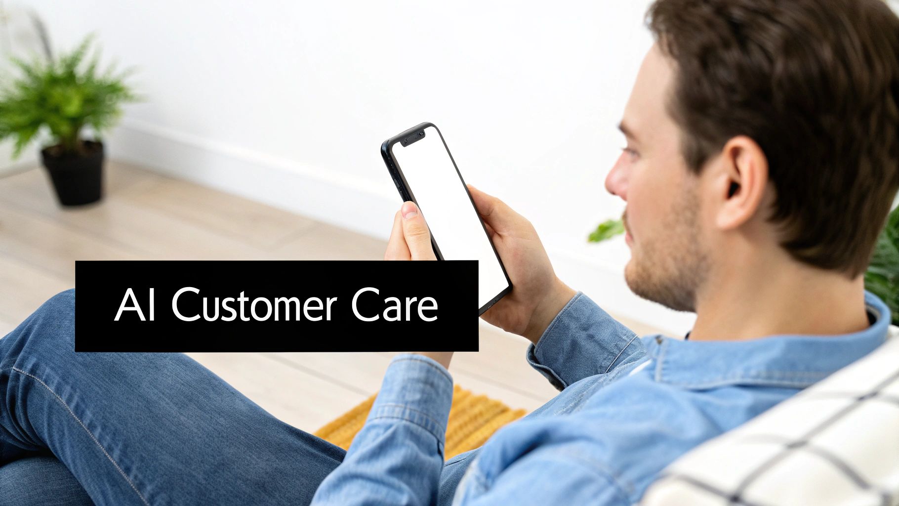 A man on a couch holds a smartphone with a blank screen, displaying 