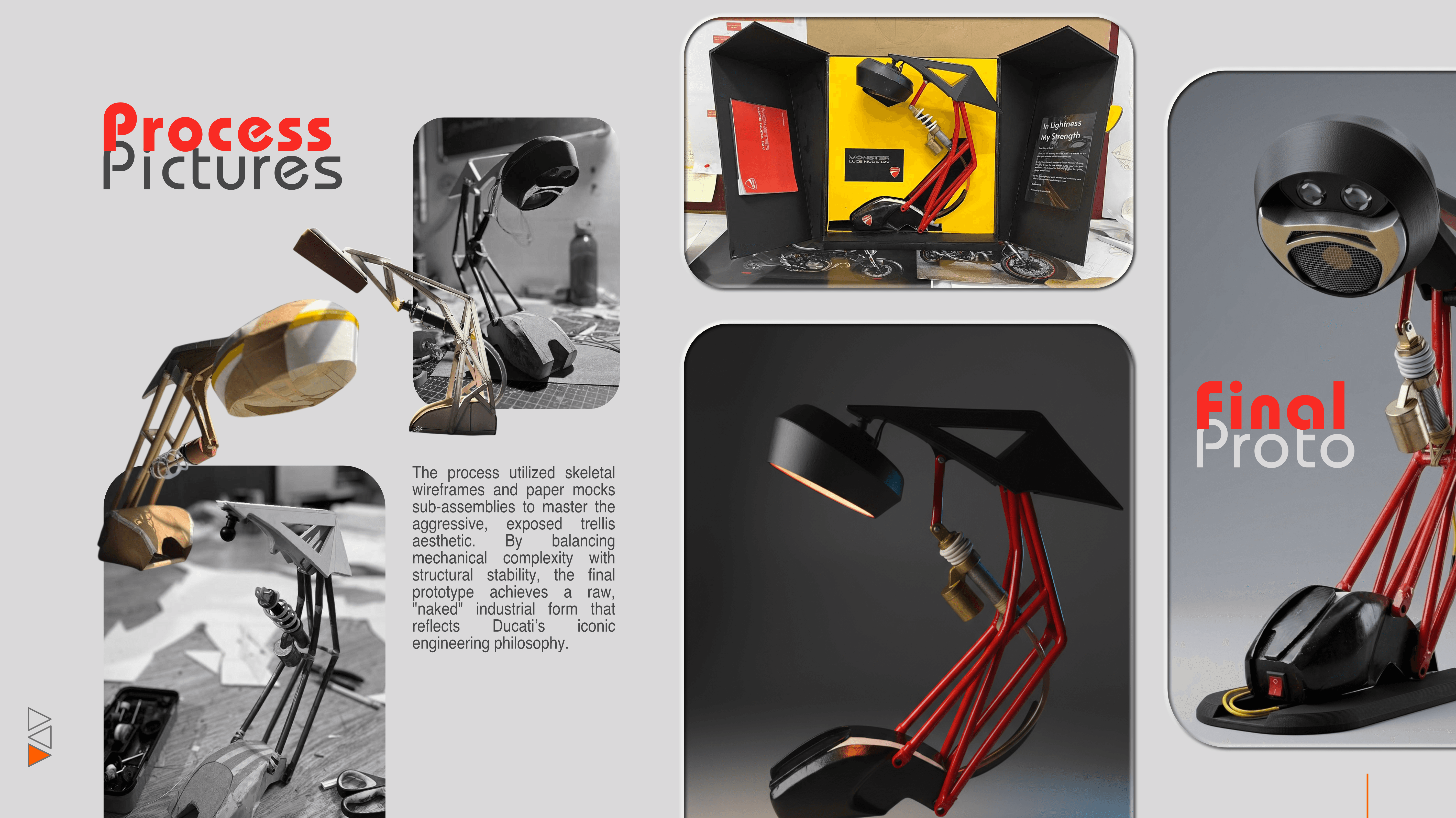 Moving from skeletal wireframes and paper mock-ups to a raw, "naked" industrial prototype that balances mechanical complexity with Ducati’s iconic engineering philosophy.