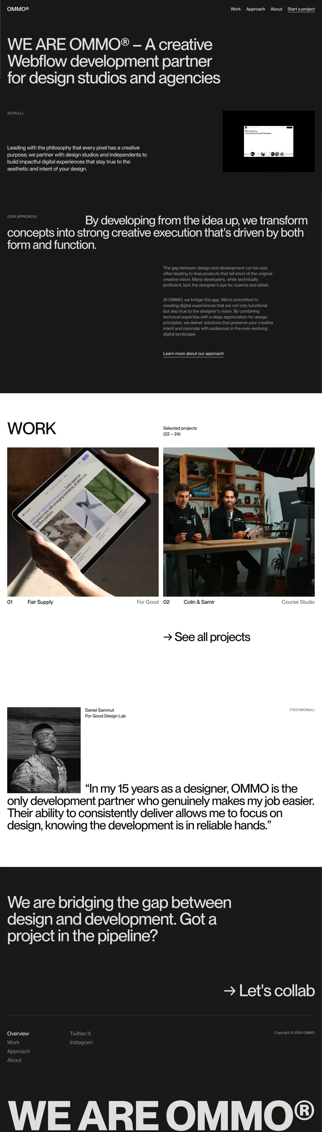 OMMO® – Webflow Development Studio portfolio page screenshot showcasing Design and Tech design