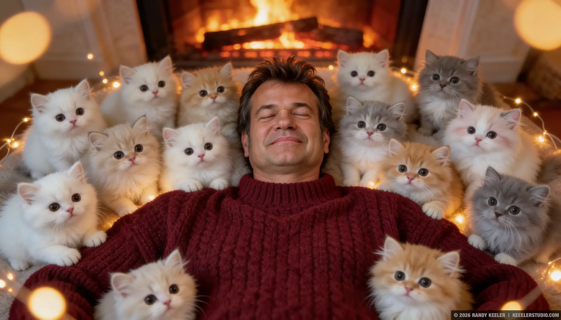 Randy Keeler with kittens next to a fireplace