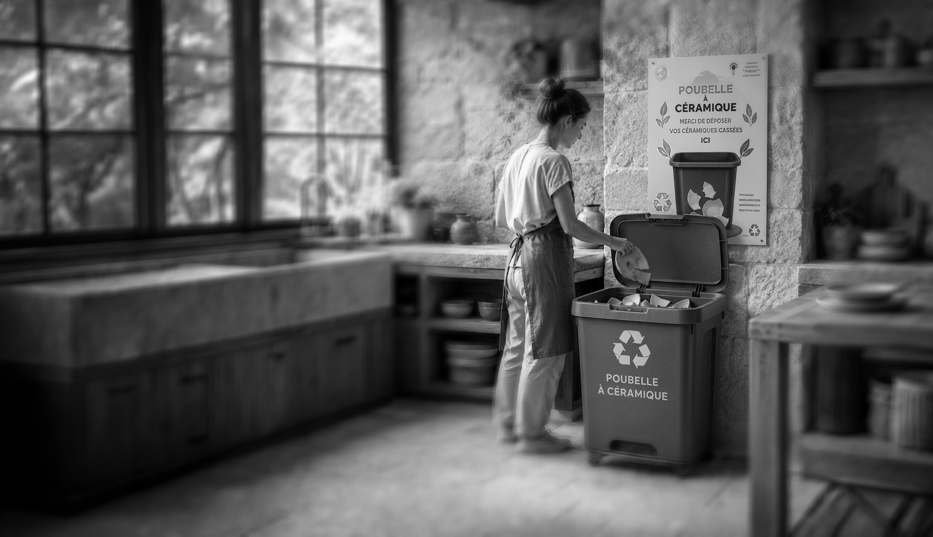 Femme déposant une céramique cassée dans une poubelle de collecte dédiée au recyclage de la céramique, dans une cuisine en pierre, photographie en noir et blanc