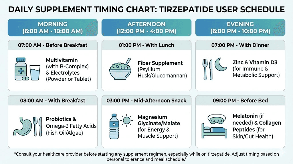 Daily supplement timing schedule for tirzepatide users organized by morning, afternoon, and evening
