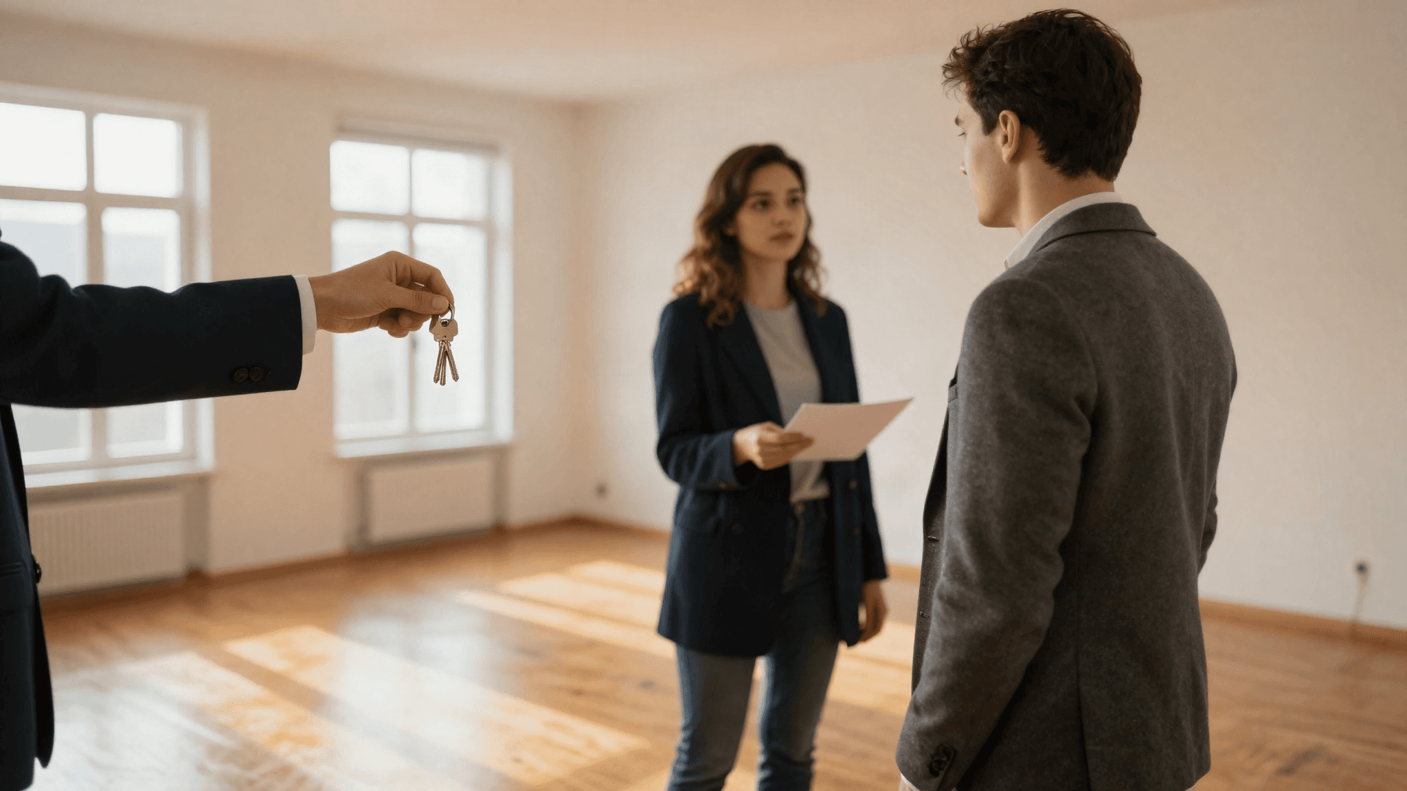 Maklerin übergibt Schlüssel in heller Wohnung (KI-generiert)