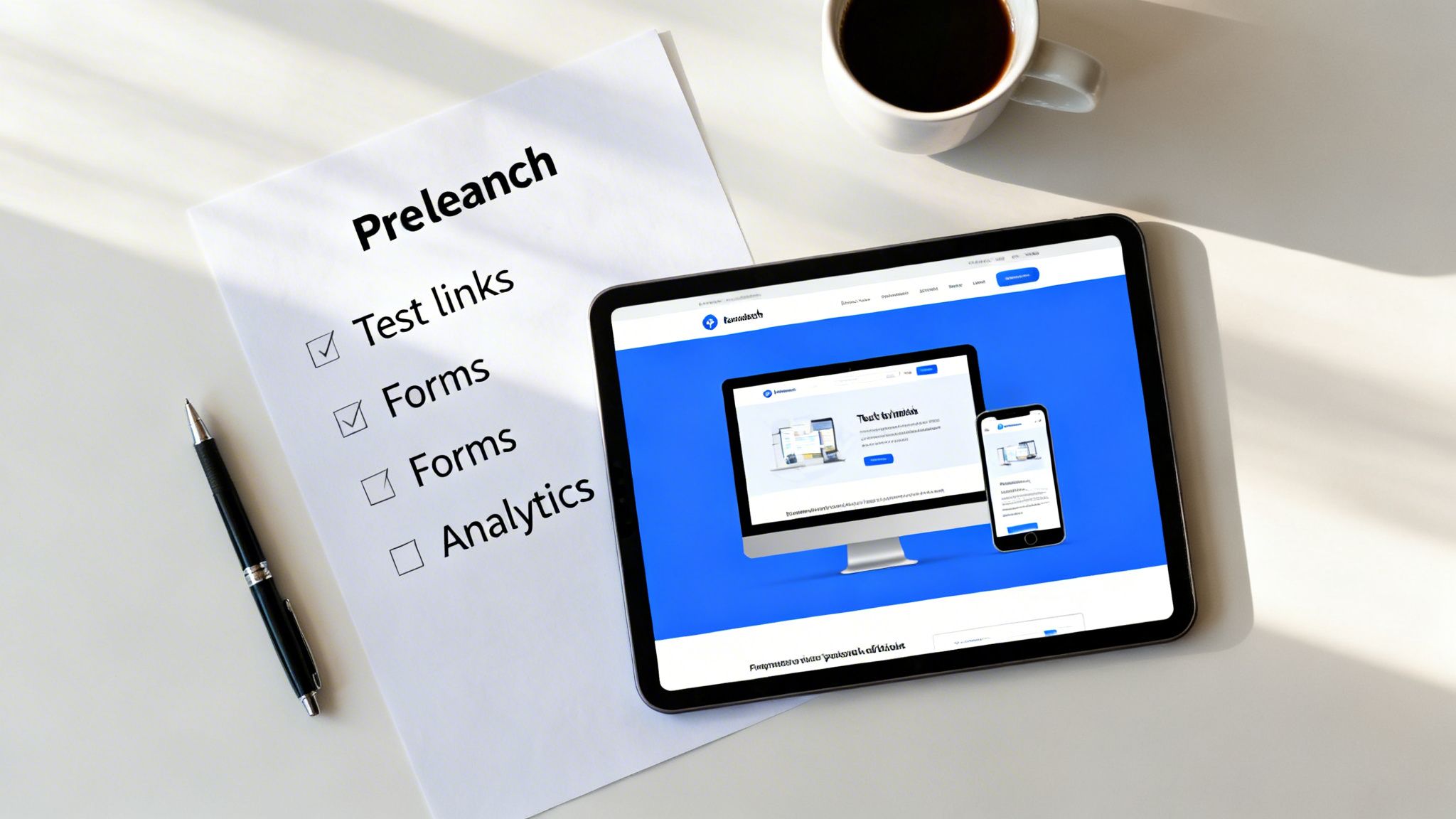 A prelaunch checklist with checked items next to a tablet displaying website templates, a pen, and a coffee cup.