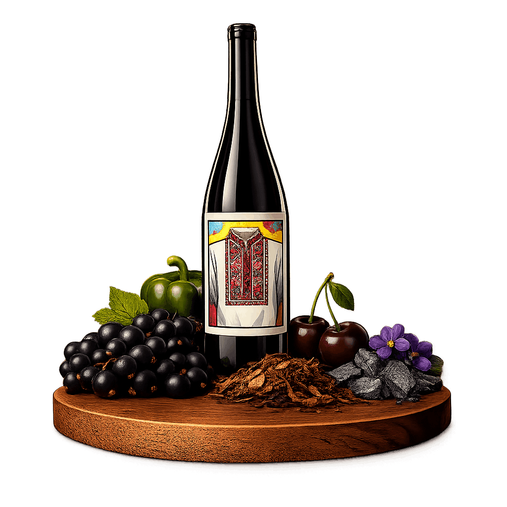Artistic label and flavor profile for Ukrainian Cabernet Sauvignon on a rustic wooden table.