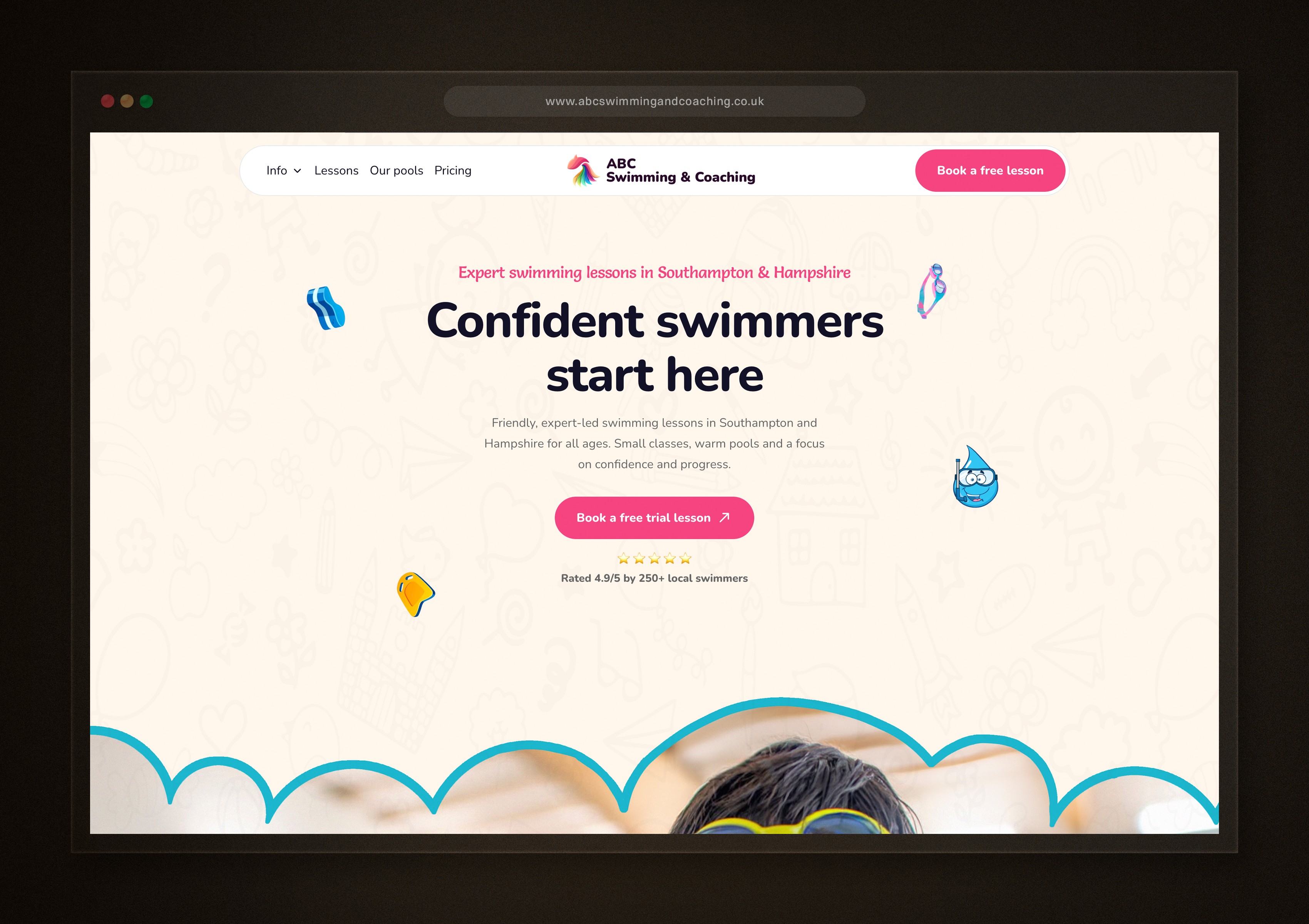 ABC Swimming & Coaching website homepage design showing clear layout and booking-focused structure for swim lessons