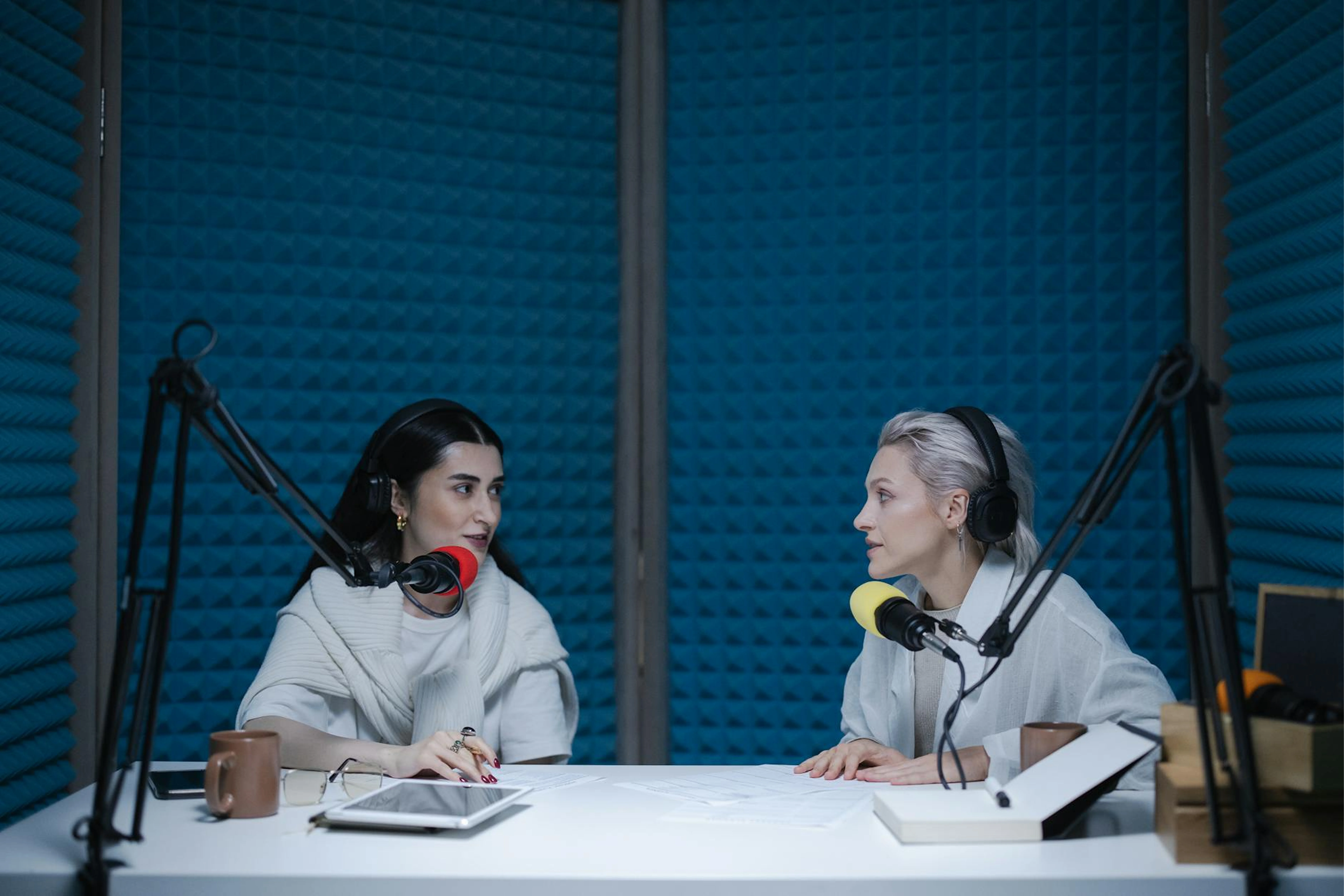 Two women recording a podcast in a soundproofed studio, each at a microphone