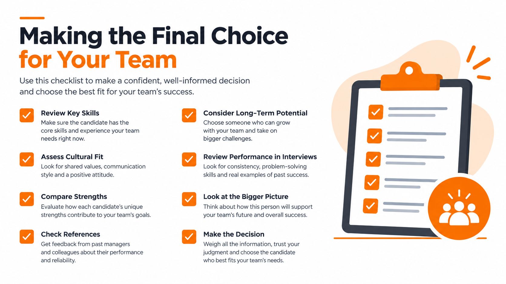 A checklist infographic titled Making the Final Choice for Your Team, outlining key hiring decision criteria.