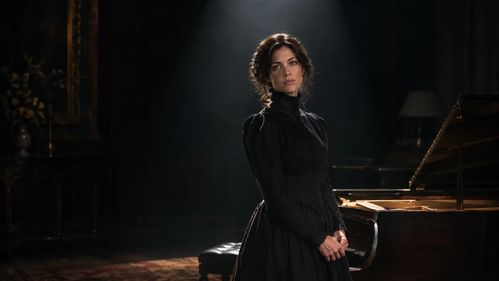 Ada as Hedda by the piano under a spotlight