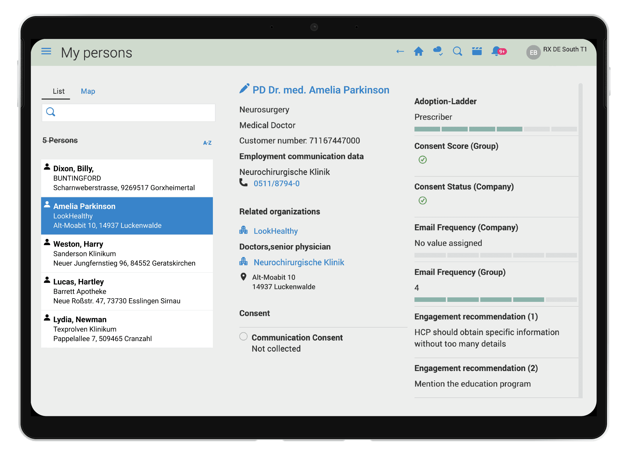 An image of the ysura CRM customer visualization UI screen