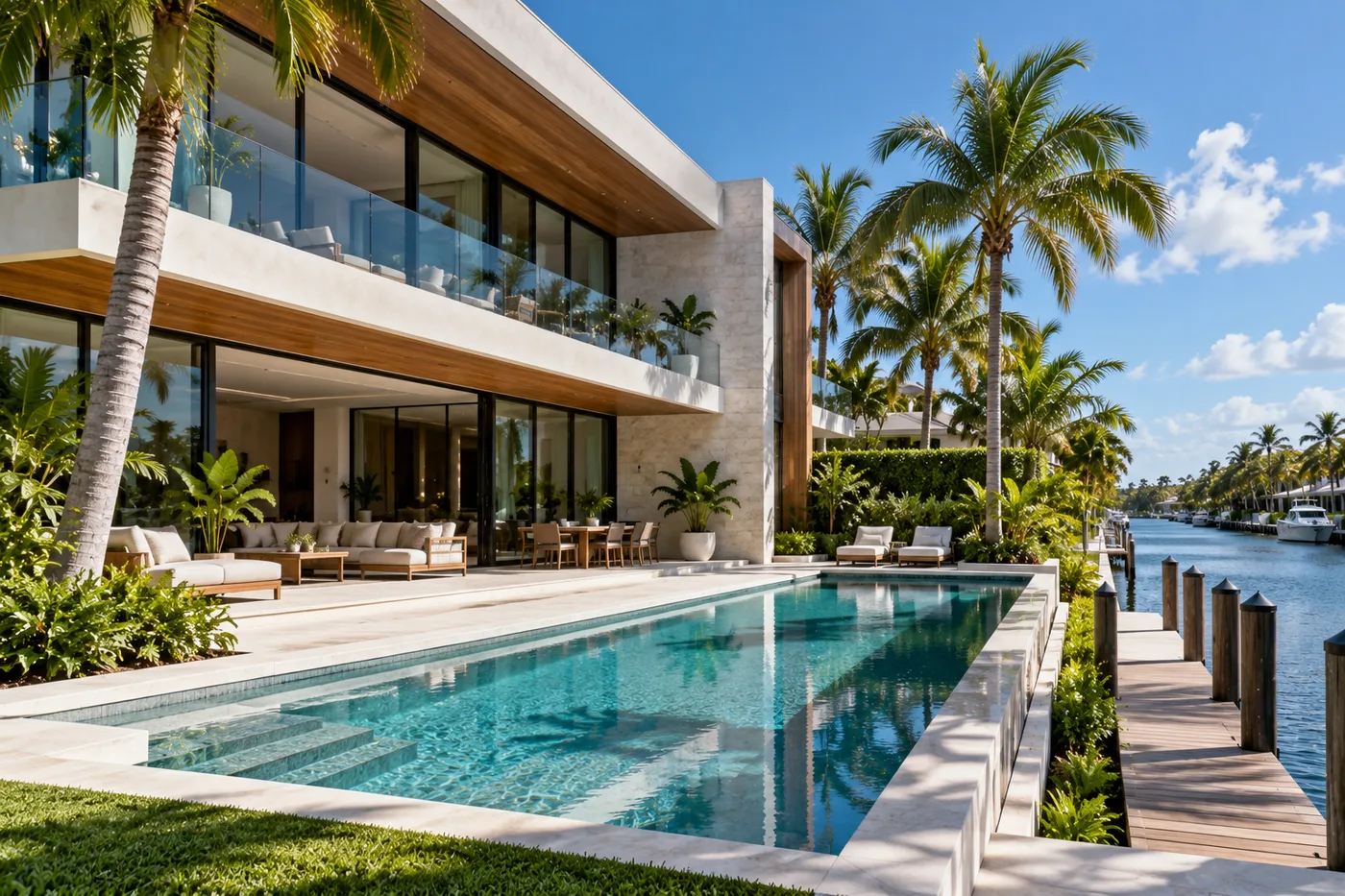 Waterfront home with a pool and a private dock