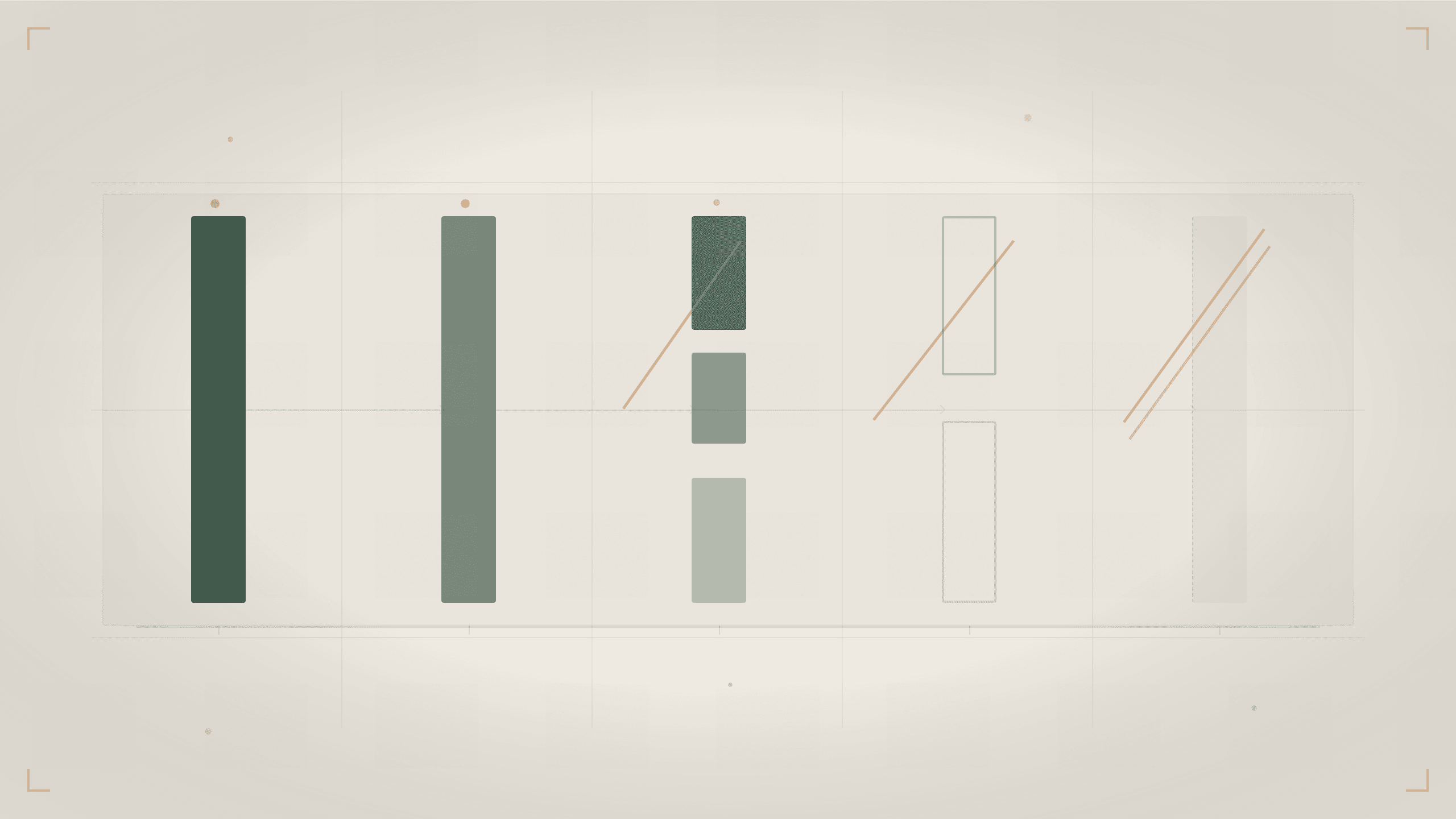 Abstract data visualization showing five vertical columns progressing from solid and intact on the left to fractured, outlined, and nearly invisible on the right, with diagonal copper strike-through marks crossing the failing columns — representing the process of identifying red flags when vetting a video production company.