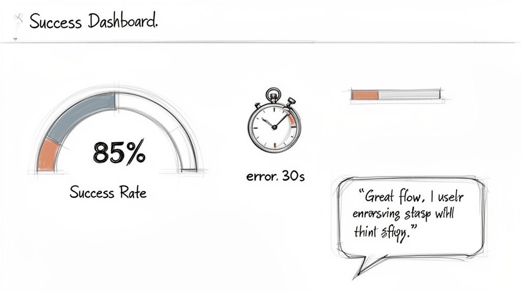 Sketch of a success dashboard showing an 85% success rate, 30 seconds error time, and a progress bar.