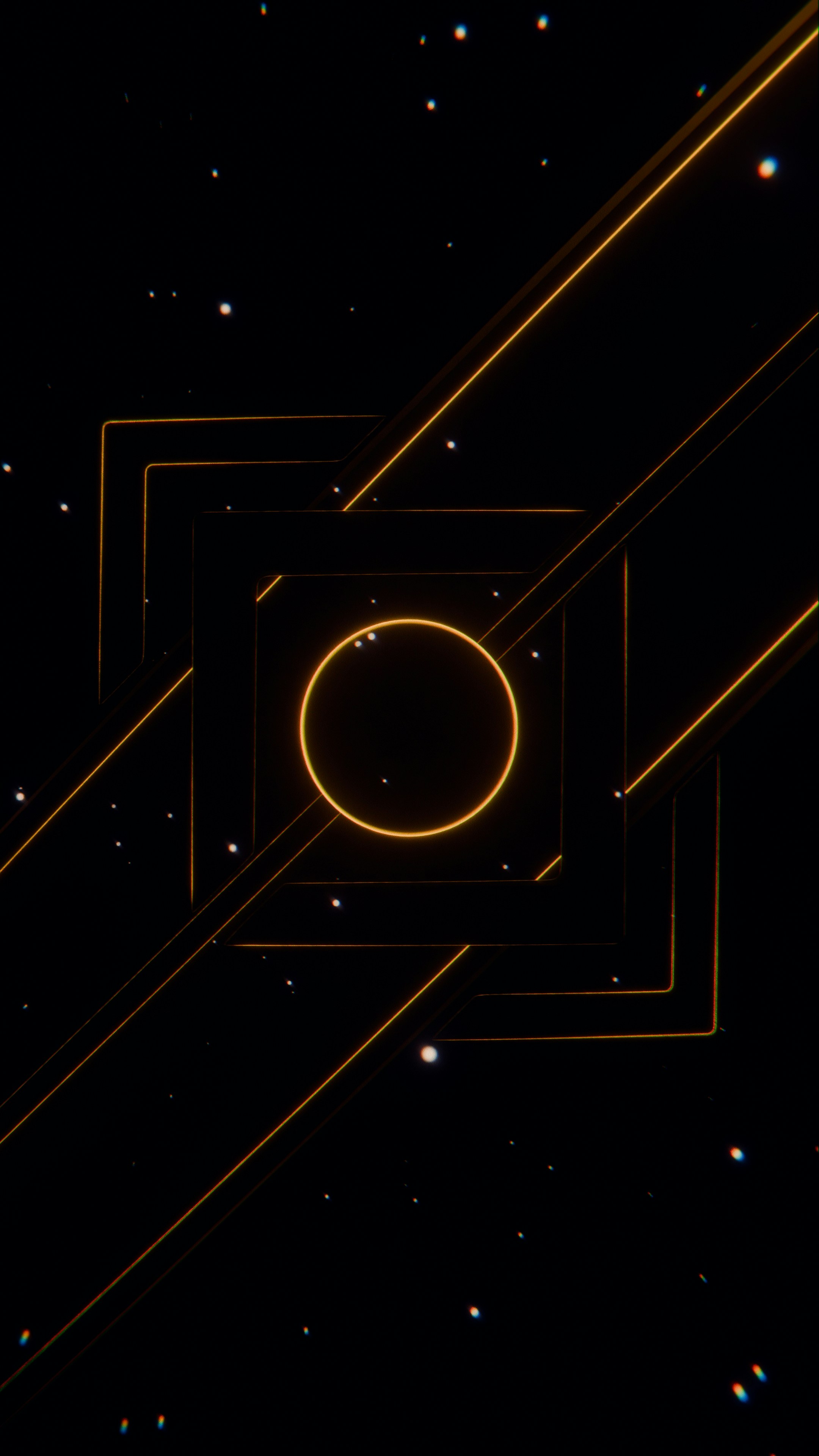 Abstract golden geometric shapes on black background with sparkles