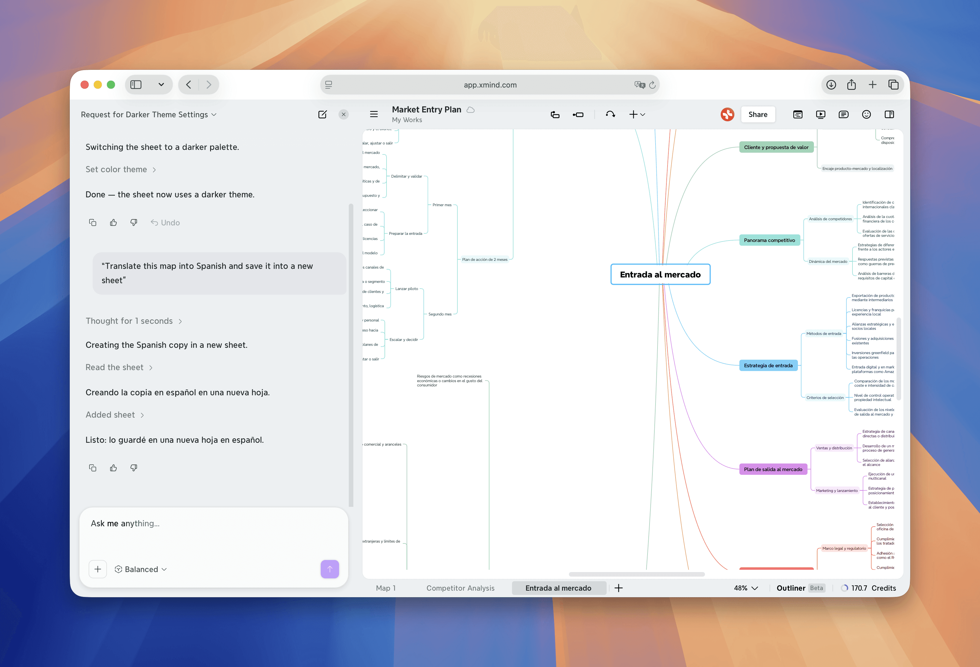 Xmind AI translates the mind map into Spanish and saves the translated version as a new sheet while keeping the original structure.