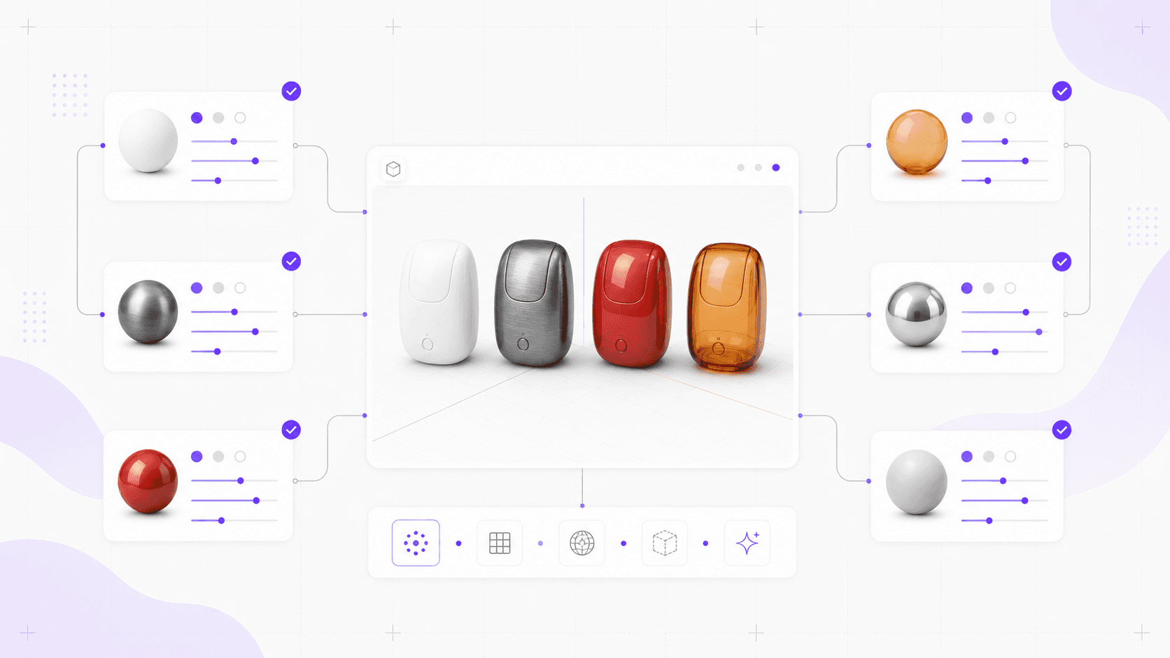 Blender MCP material iteration workflow showing four product objects with ceramic, metal, glossy plastic, and translucent resin finishes.