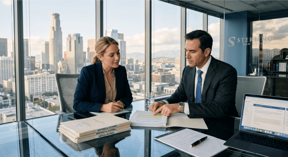 Personal injury lawyers in Los Angeles consulting with a client over legal documents in a modern law office