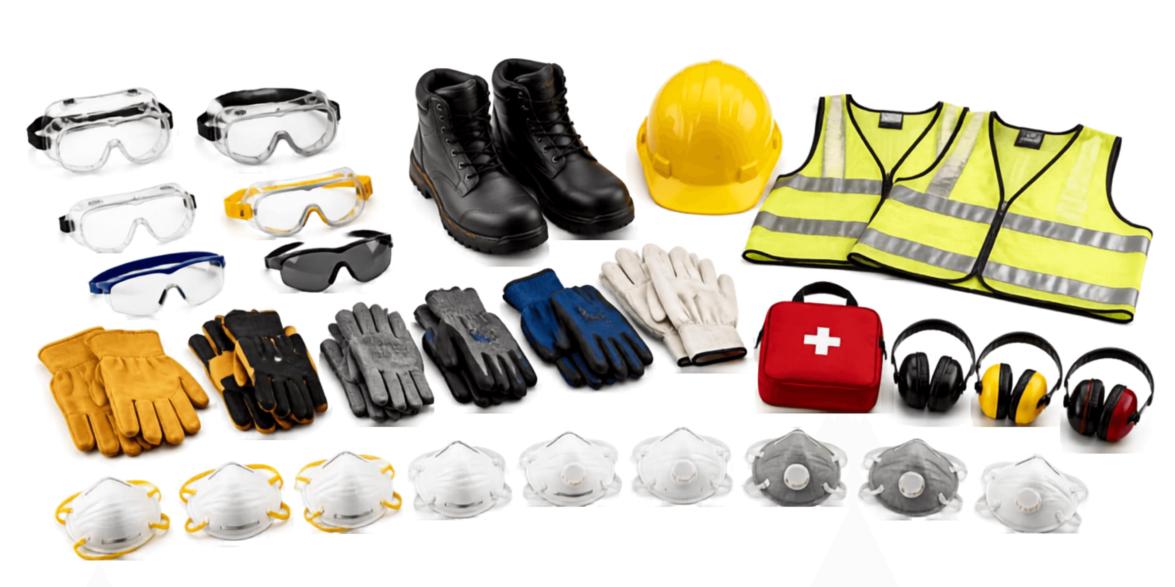 Vocational lab safety equipment kit including safety goggles, work gloves, steel-toe work boots, hard hat, high-visibility vests, dust masks, hearing protection, and first aid kit.