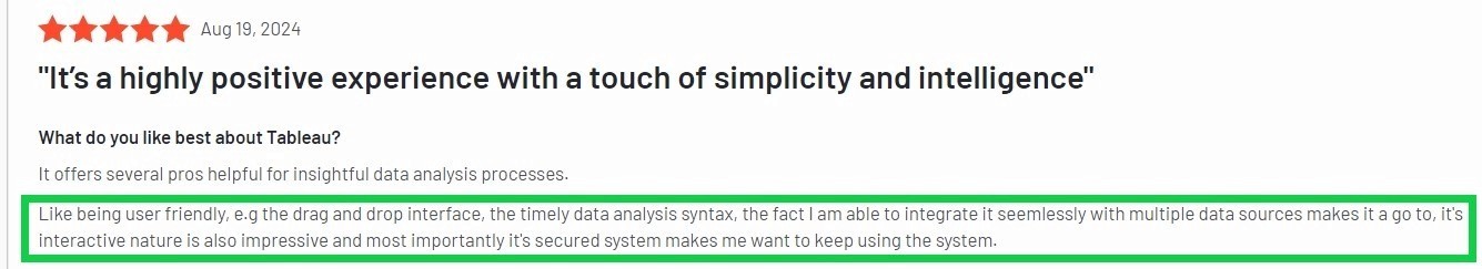 Tableau user review mentioning ease of use, drag-and-drop interface, and data source integration