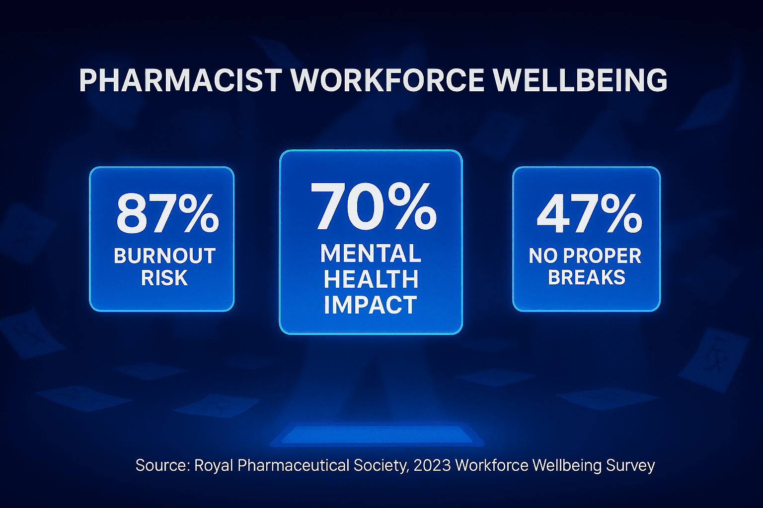 Three glowing stat boxes on a dark pharmacy background:  • “87% Burnout Risk”  • “70% Mental Health Impact”  • “47% No Proper Breaks”