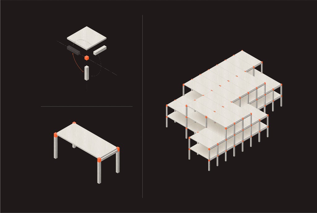 Illustration of TMBR’s modular Typology Kits, showcasing pre-engineered beams, columns, and panels designed for efficient mass timber construction.