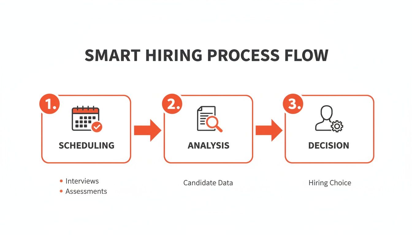 A smart hiring process flow diagram with three steps: scheduling, analysis, and decision making.
