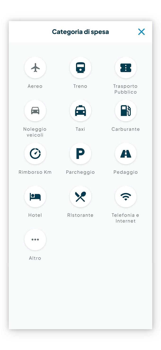 Schermata di Fluida dove vengono mostrate le categorie predefinite di spesa come tipologie di trasporto, rimborso km, pedaggi, hotel, ristoranti, telefonia e internet