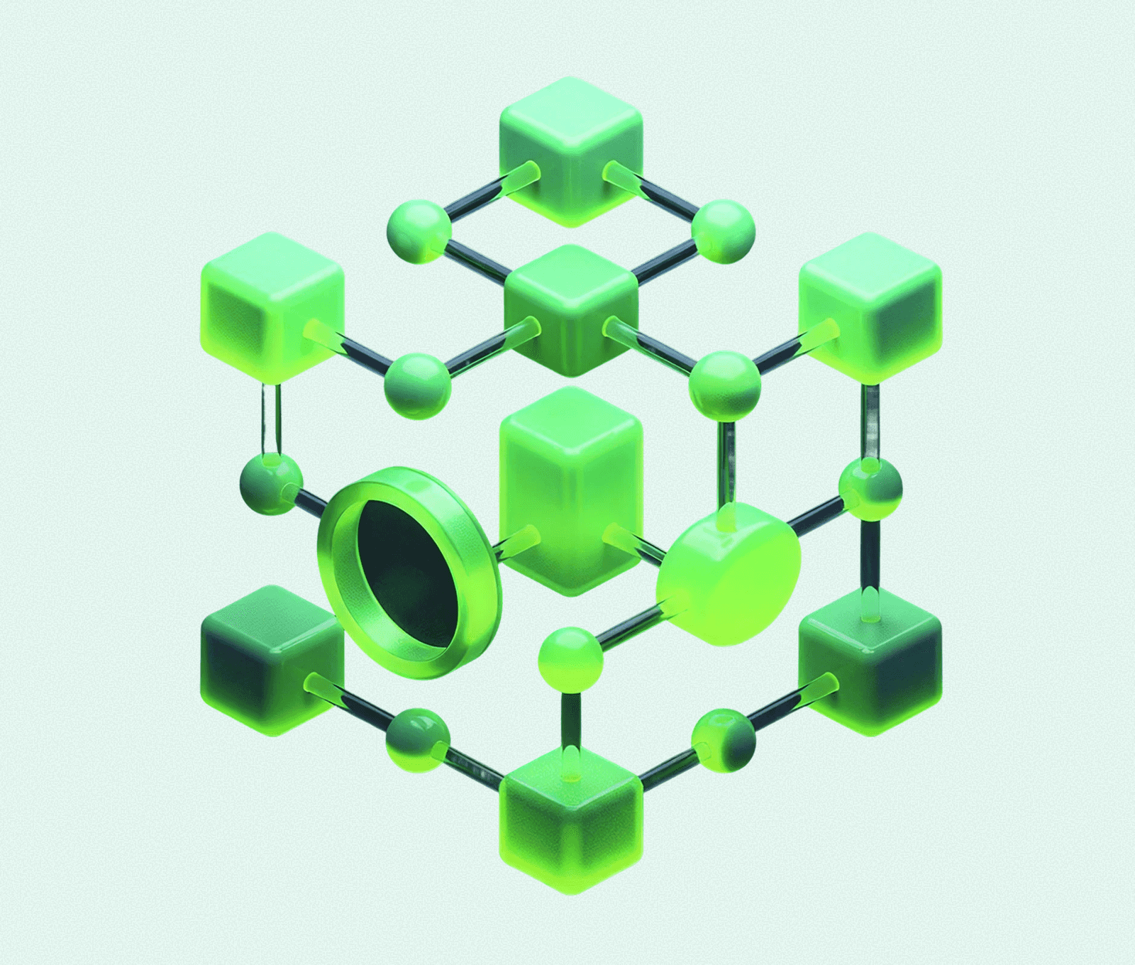 A 3D abstract network of green cubes and spheres.