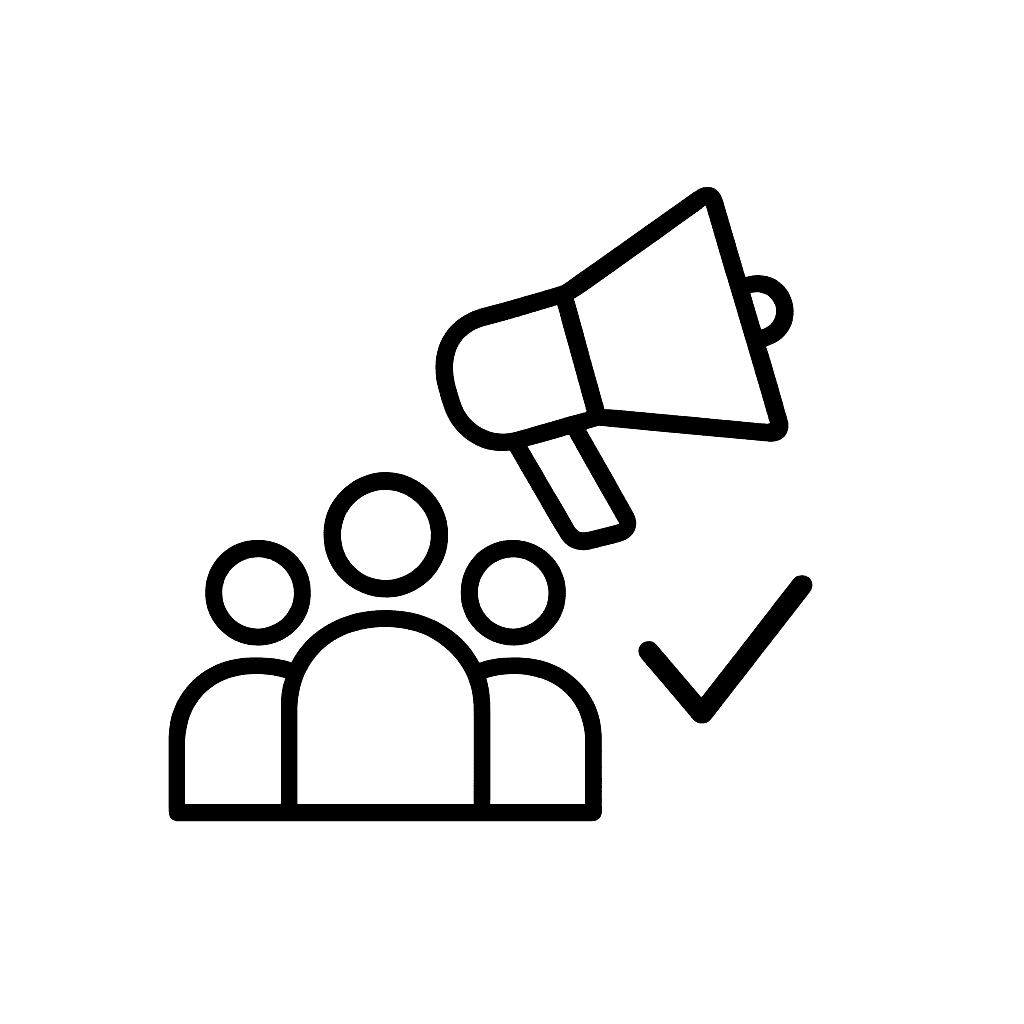 Symbolgrafik: Megafon über Personengruppe mit Häkchen – Mitarbeitendenkommunikation und Zustimmung.