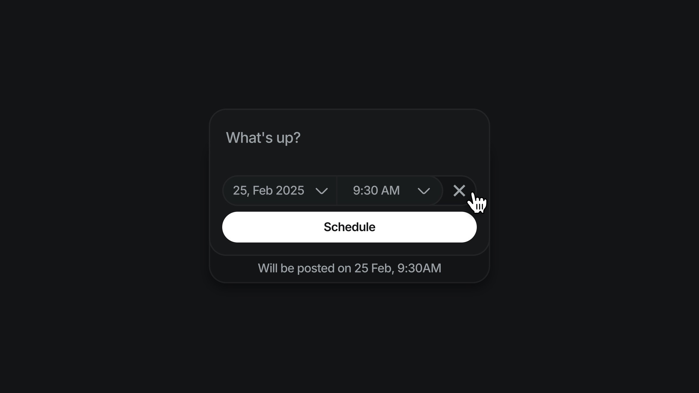 User interface for a scheduling feature with a date and time picker set for 25 February 2025 at 9:30 AM and a 'Schedule' button, displayed on a dark background