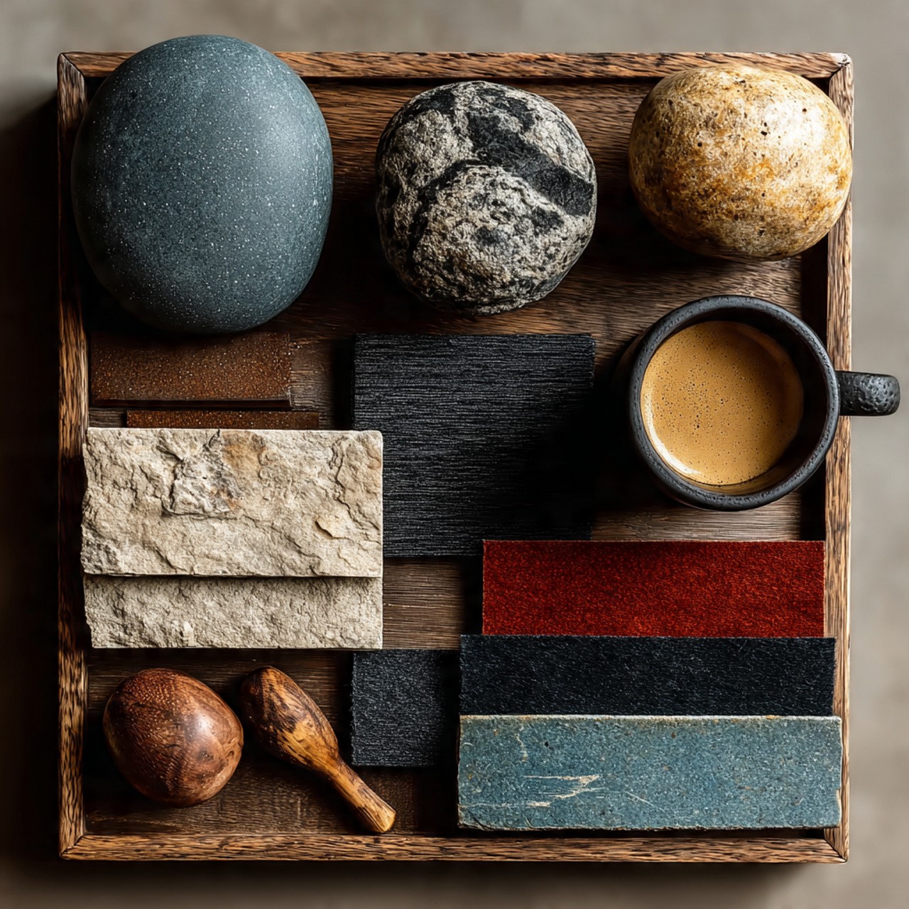 A wooden tray holds three stones, a cup of espresso, and various fabric and tile samples in neutral and bold colors, creating a harmonious palette.