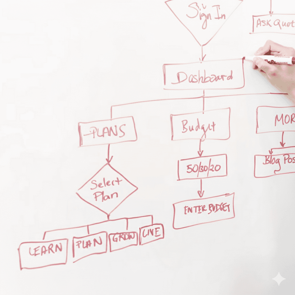 A hand uses a red marker to draw a flowchart on a whiteboard, indicating a step labeled "Dashboard" in a process involving plans and budgeting.