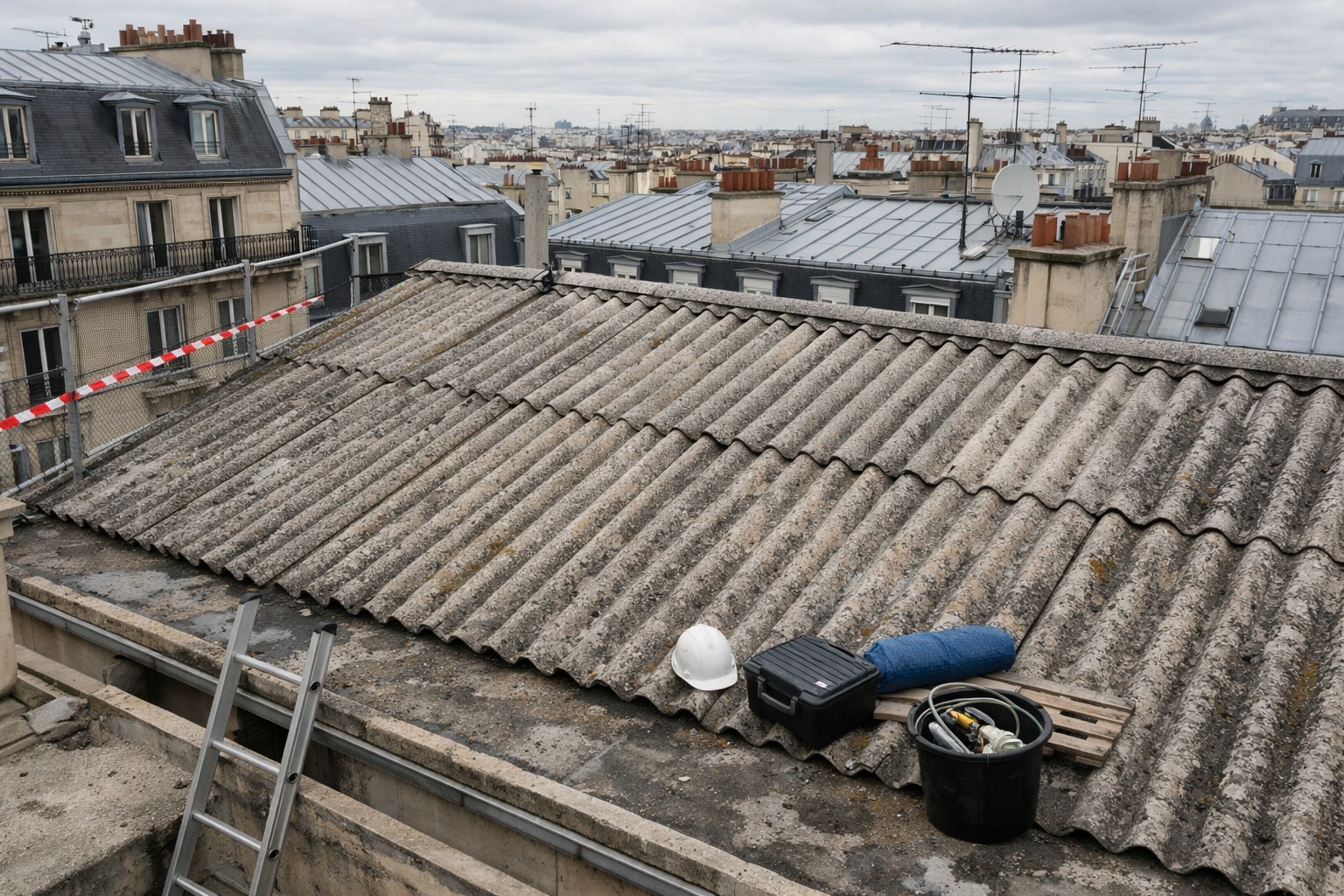 Vue d’une toiture amiante en fibrociment ancien à Paris avec environnement urbain parisien en arrière-plan
