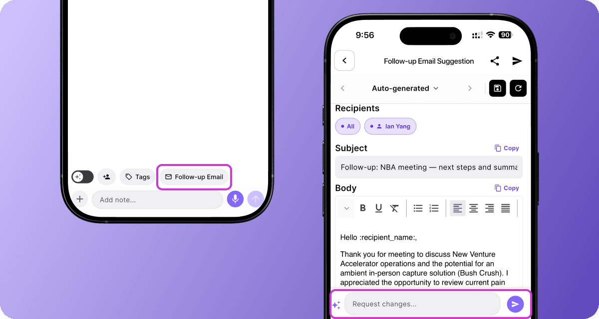 Email draft view with Ask AI input field for instant customization.