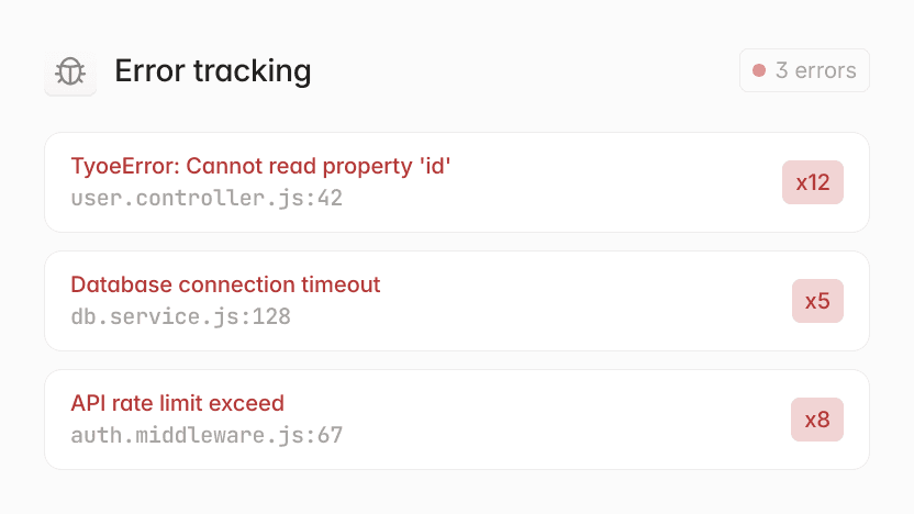Error tracking dashboard showing 3 critical errors: TypeError, Database connection timeout, and API rate limit exceed.