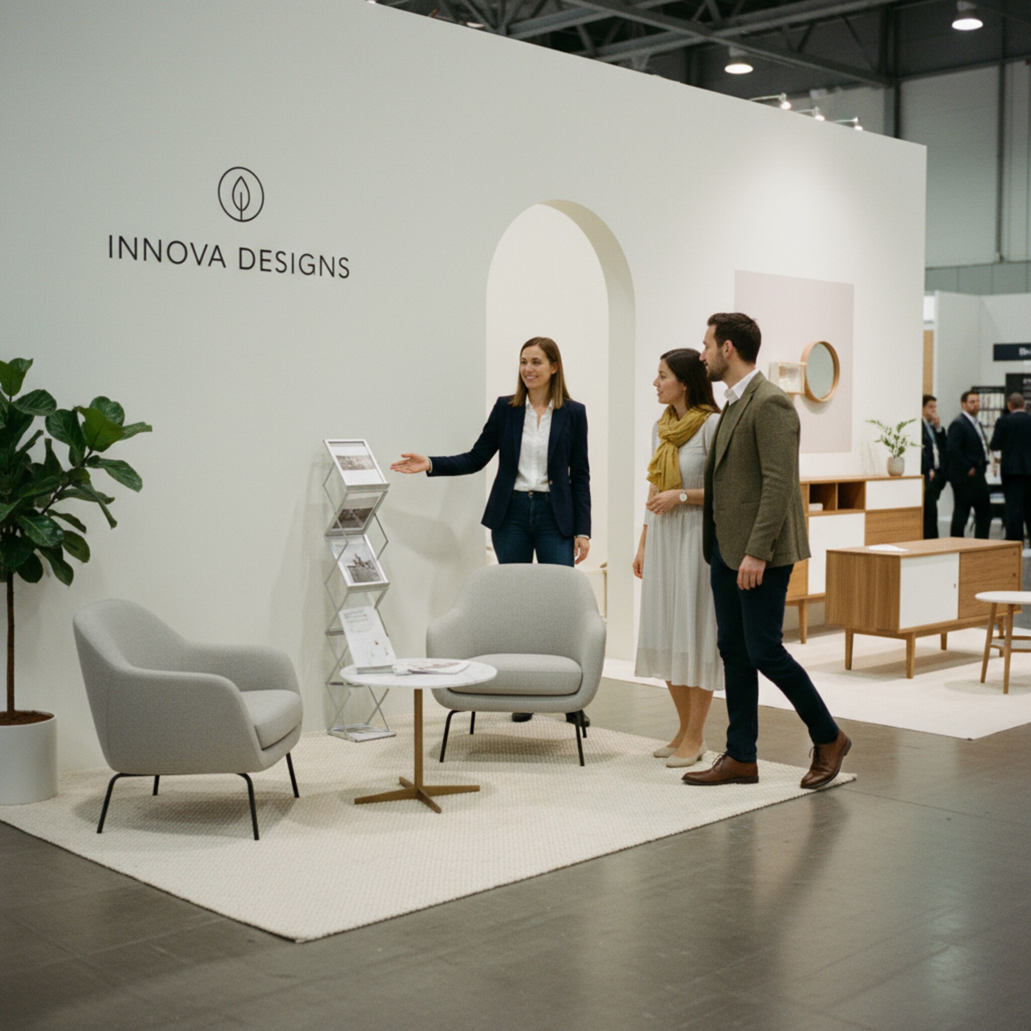 Ein Messestand mit einem klaren Besprechungsbereich, zwei Stühlen und einem kleinen Tisch. Ein Teammitglied führt Gäste ruhig in eine freie Nische. Gleichmäßiges Hallenlicht und reduzierte Dekoration halten den Fokus auf Produkt und Gespräch. Der Ablauf wirkt geordnet und fließend.