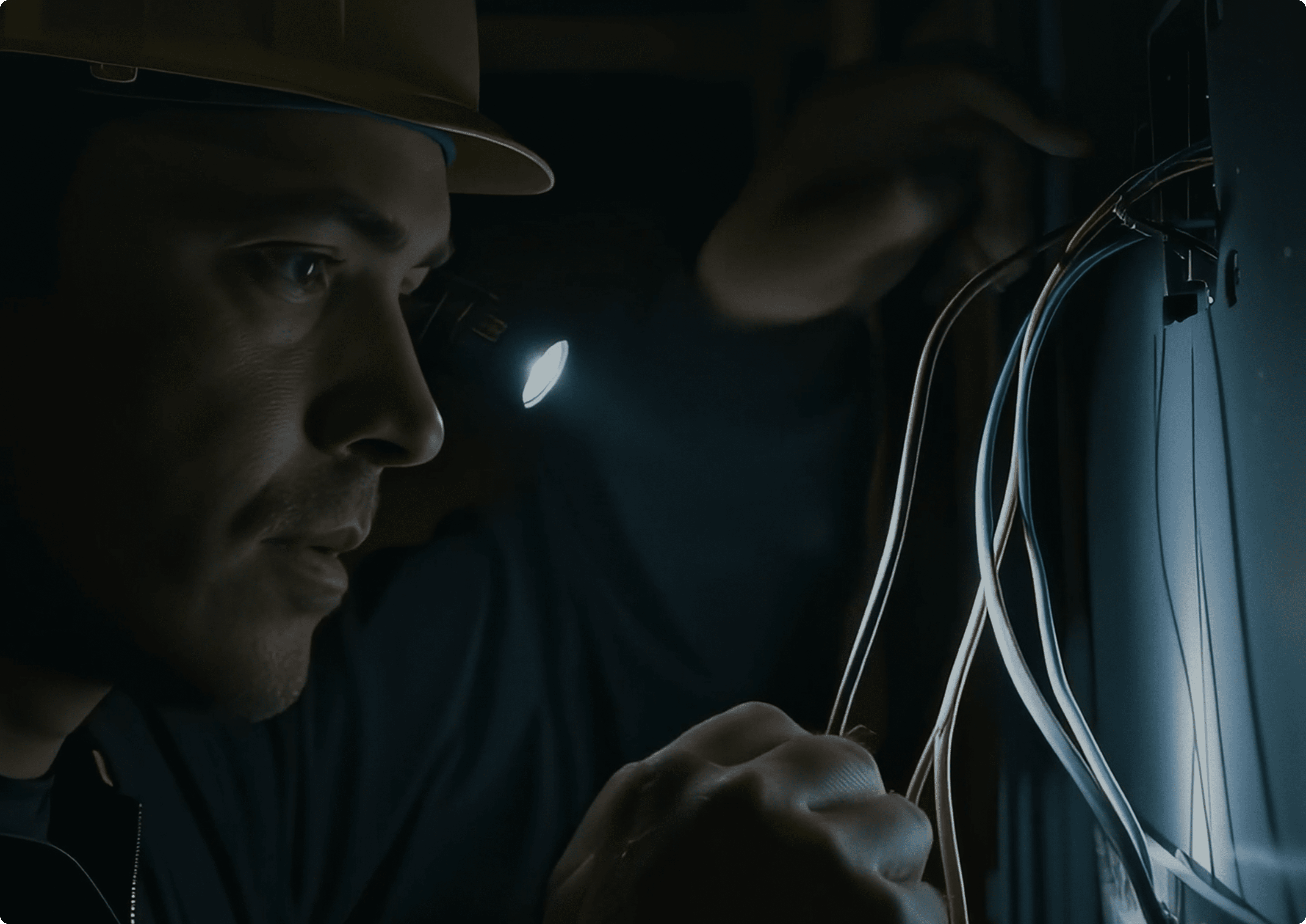 Electrician using a headlamp to inspect wiring inside an open electrical panel at night